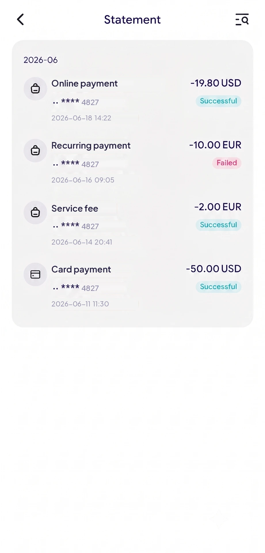 Schermata dell'estratto conto dell'app Arbicsx con lo storico dei movimenti